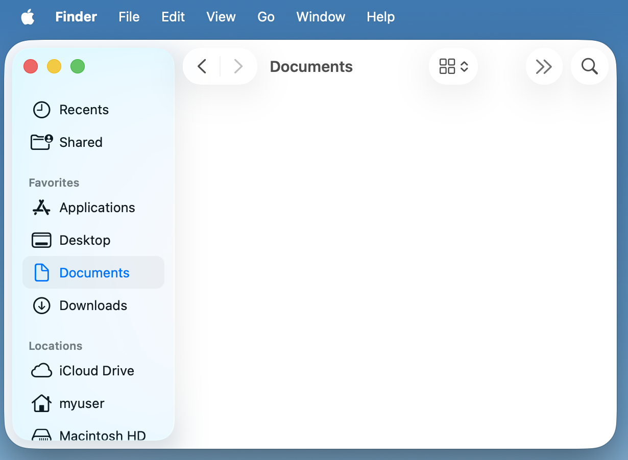 Selecting the Documents folder on the left side of Finder.
