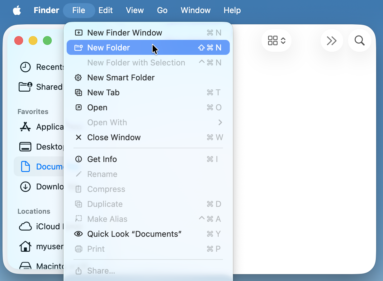 Creating a new folder by selecting "File" and then "New Folder".