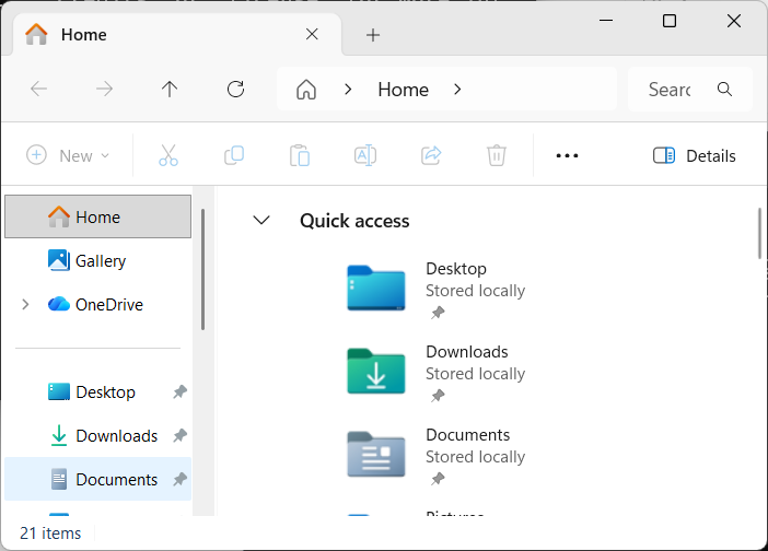 The Home folder in Windows File Explorer.