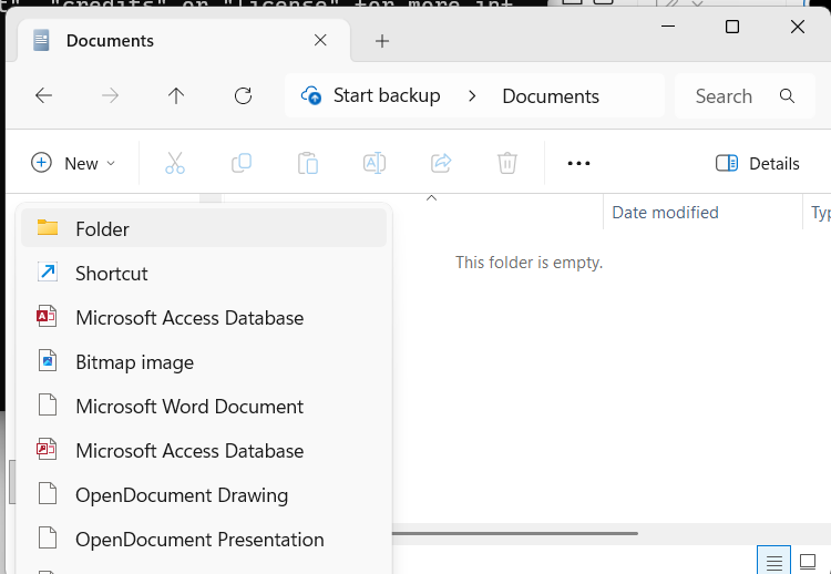 Creating a new folder in Windows File Explorer.