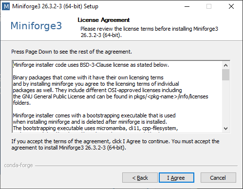 License agreement page for Miniforge.