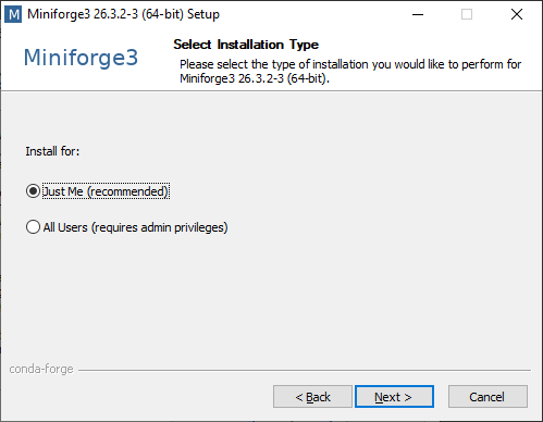 "Select Installation Type" screen for the Miniforge installer.