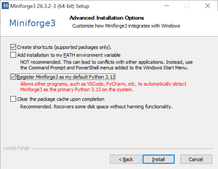 Selecting to register Miniforge as the default Python software. Useful for running Python in VS Code.
