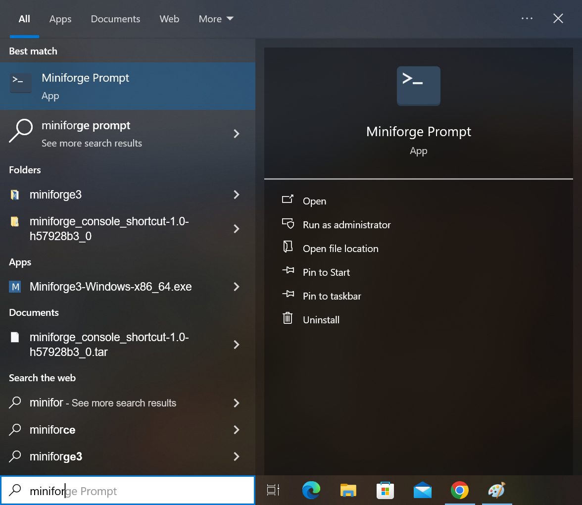 Windows Start Menu with MiniForge Prompt selected.