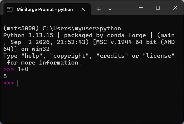 An interactive Python shell using Miniforge.