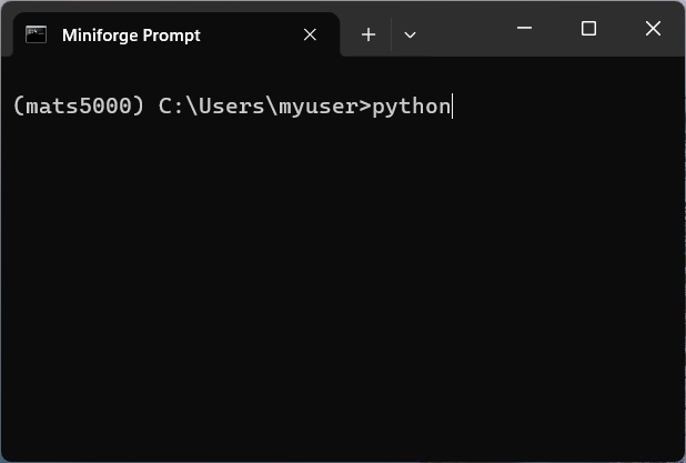 Miniforge prompt showing how to activate a Python shell (Windows version).