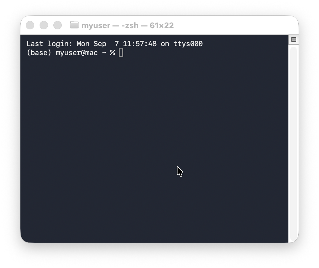 A blank Terminal window now with conda activated (notice "(base)" at the beginning of the prompt).