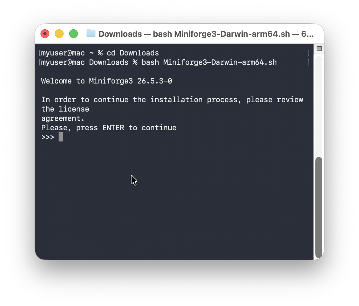 Screenshot of reviewing the Miniforge license agreement in Terminal.