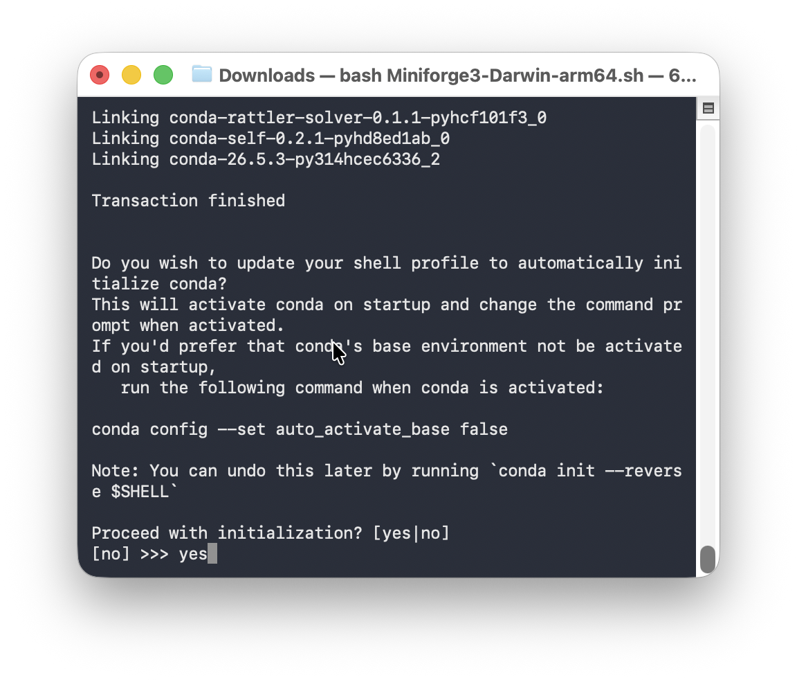 Terminal prompt confirming that the shell profile should be updated to initialize conda.