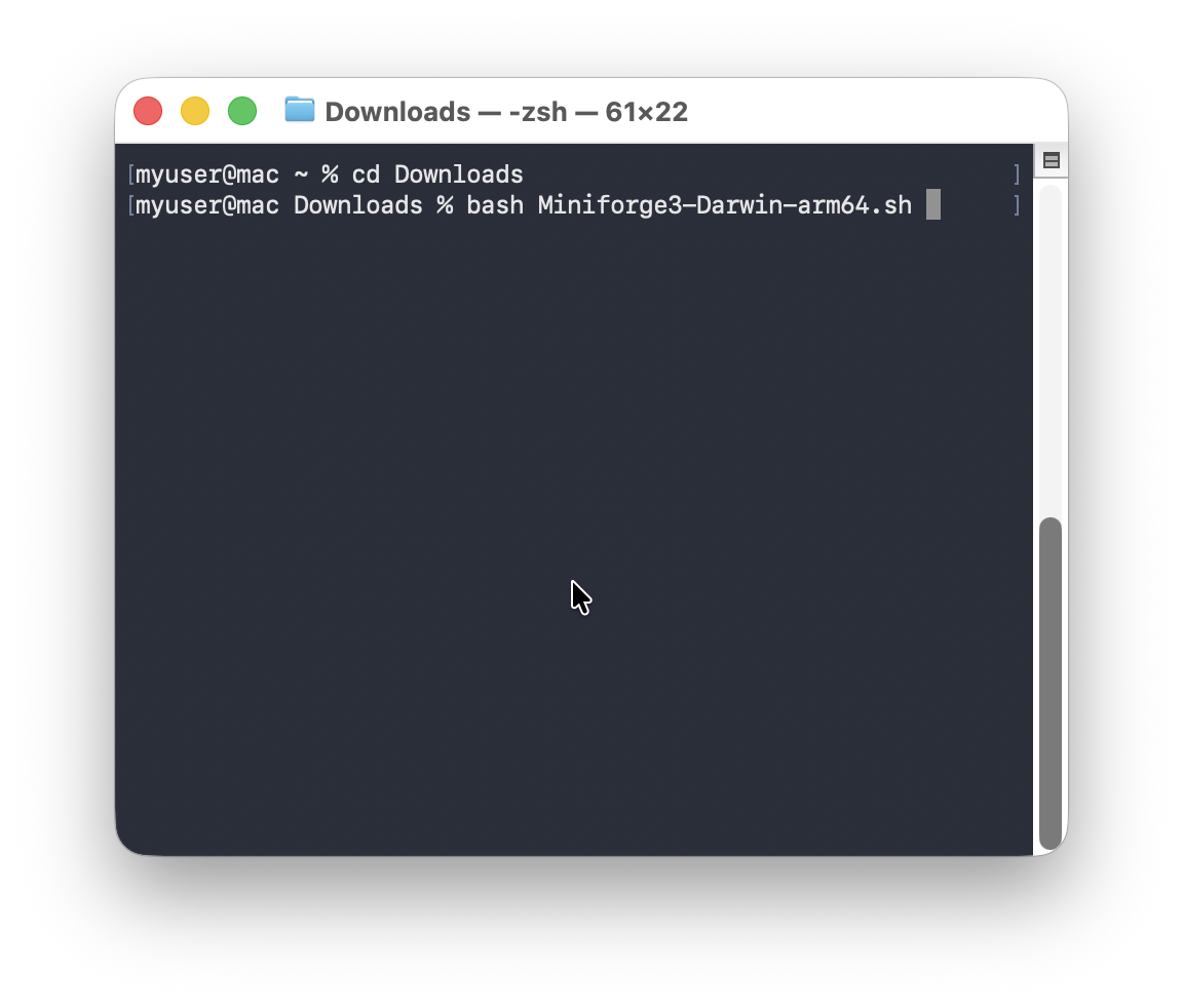 Running the Miniforge installer script in Terminal.