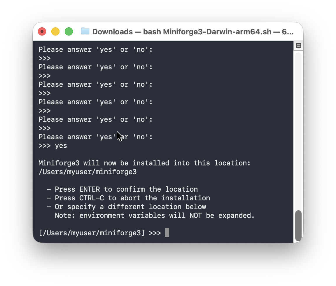 Default installation prompt for Miniforge. Use the default setting.