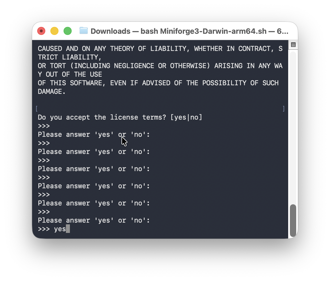 Typing in "yes" in Terminal to accept the license agreement. 