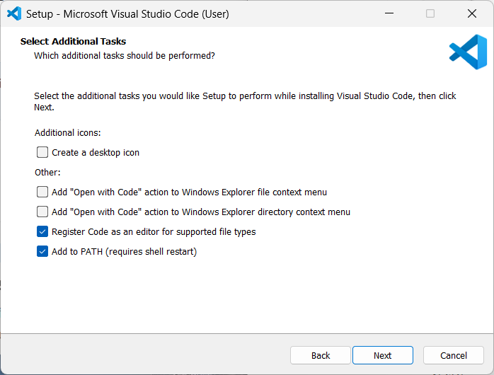 "Select Additional Tasks" prompt for VS Code. Use the default settings.