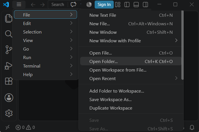 Selecting the correct folder in VS Code.