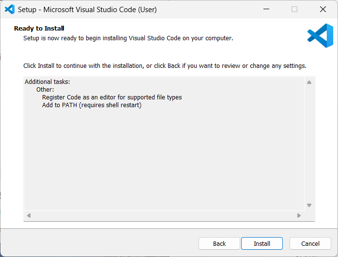 "Ready to Install" prompt. Click on "Install" to start the installation process.