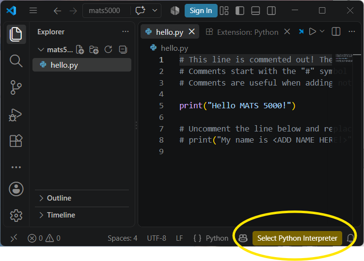 Clicking on the "Select Python Interpreter" field in VS Code.