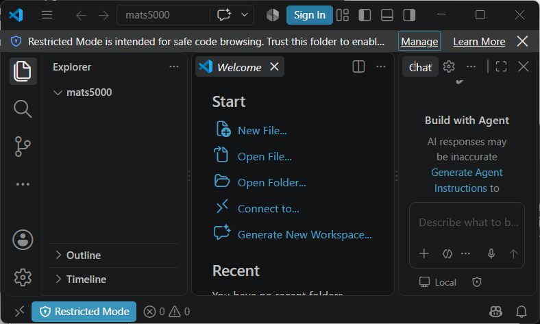 Accessing the folder access mode in VS Code.