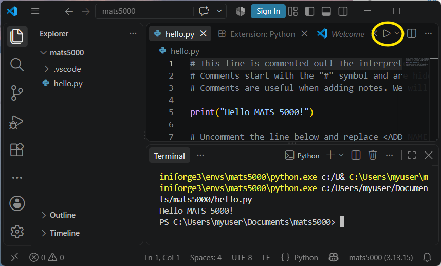 Clicking the "Play" button to run the Python code.