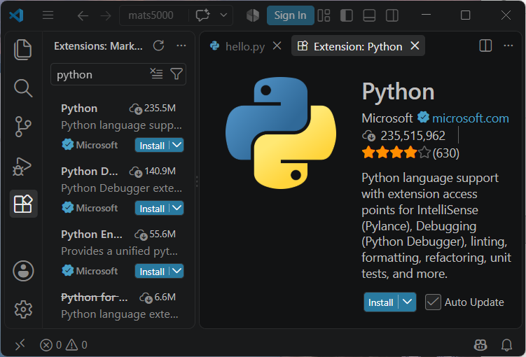 Recommended Python extension to install in VS Code. Note that it is published by Microsoft.
