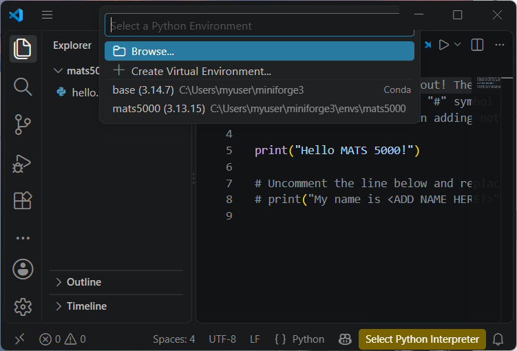 Selecting correct Python environment in VS Code.