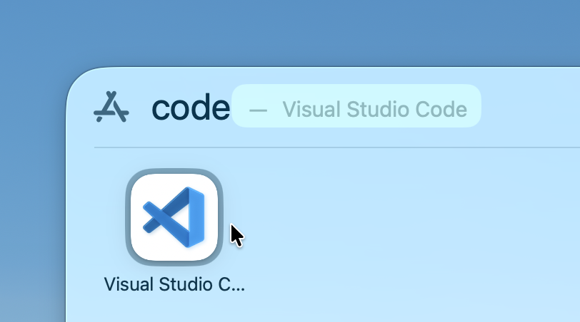 Finding VS Code in macOS Spotlight.