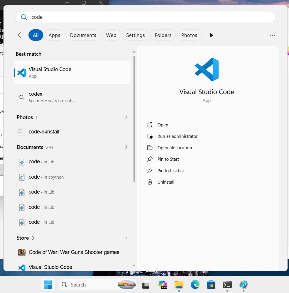Searching for VS Code in Windows Start Menu.