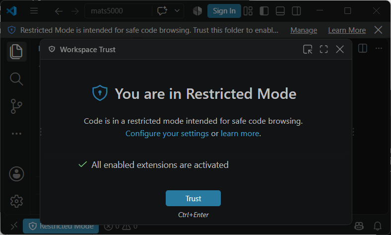Trusting the user created folder in VS Code.